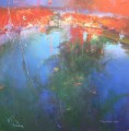 Red moon over the pond at Poldhu abstract seascape